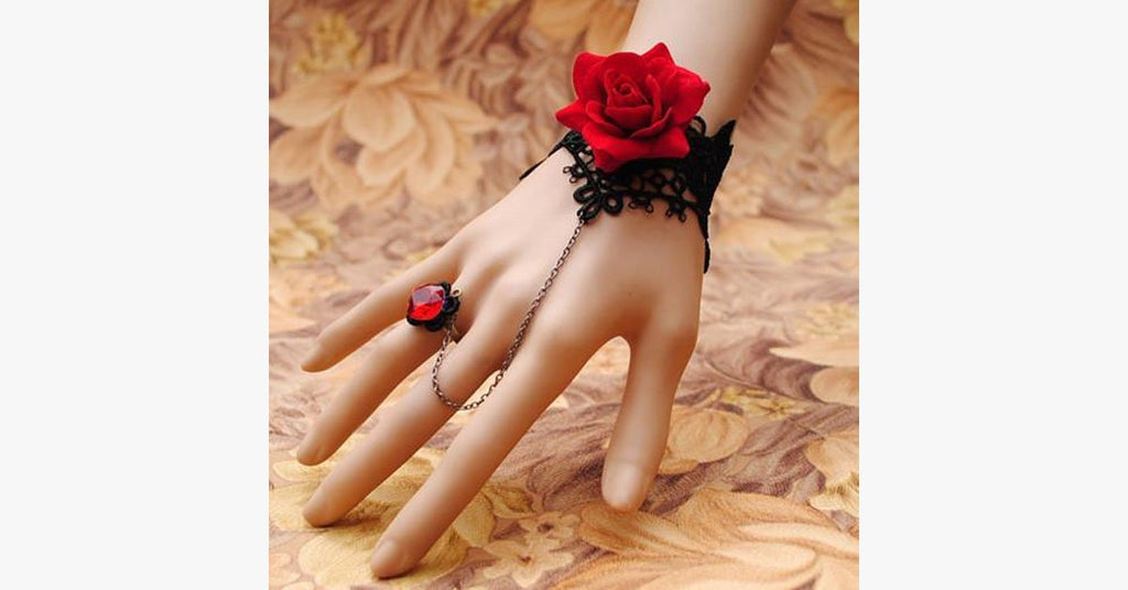Red Rose Ring-to-Wrist Bracelet