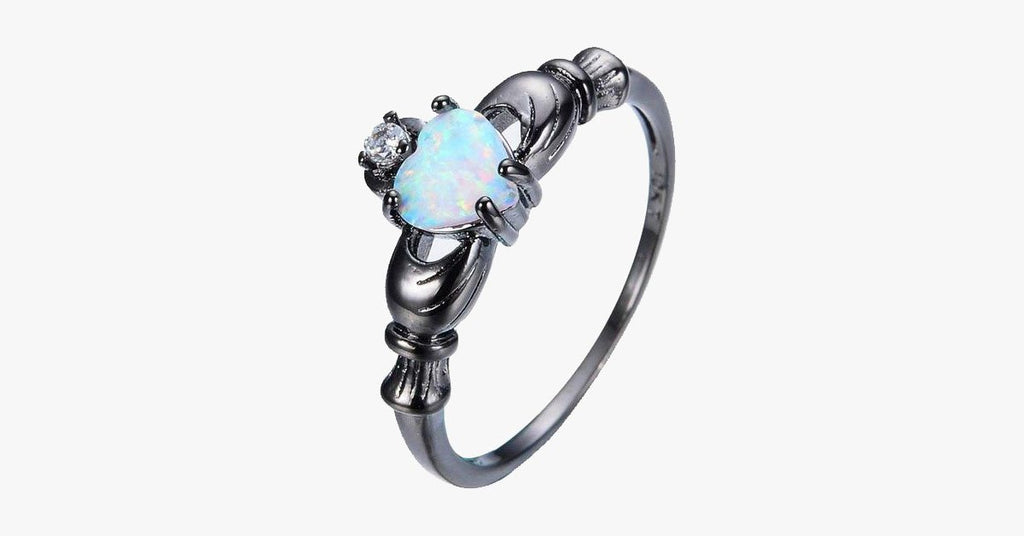 Elegant Rainbow Opal Heart Black Gold Filled Solitaire Ring - FREE SHIP DEALS