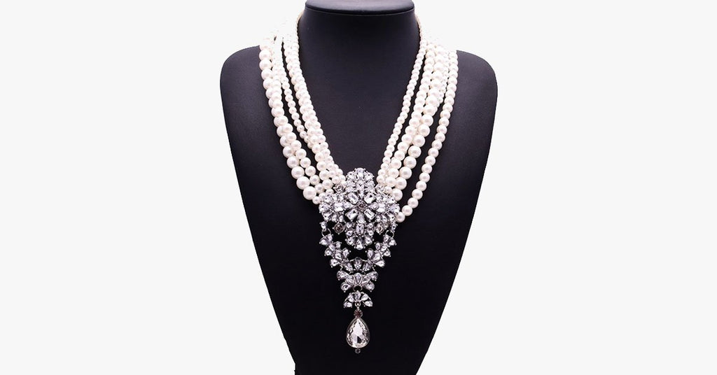 Royal Rhinestone Pearl Beads Long Necklace