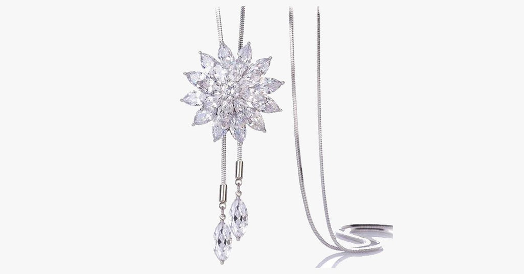 White Crystal Sunflower Tassel Long Necklace - FREE SHIP DEALS