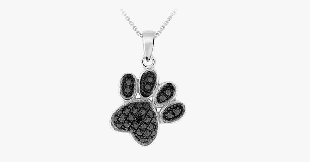 Silver Overlay Black Diamond Accent Paw Print Pendant with 18" Chain - FREE SHIP DEALS
