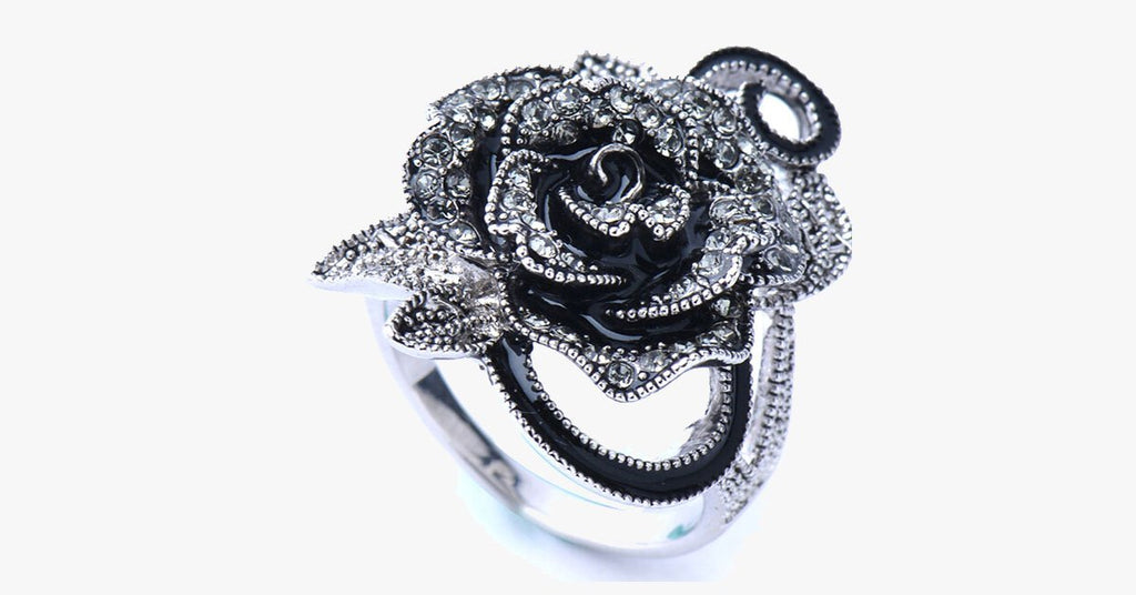 Black Rose Silver Plated Crystal Ring - FREE SHIP DEALS