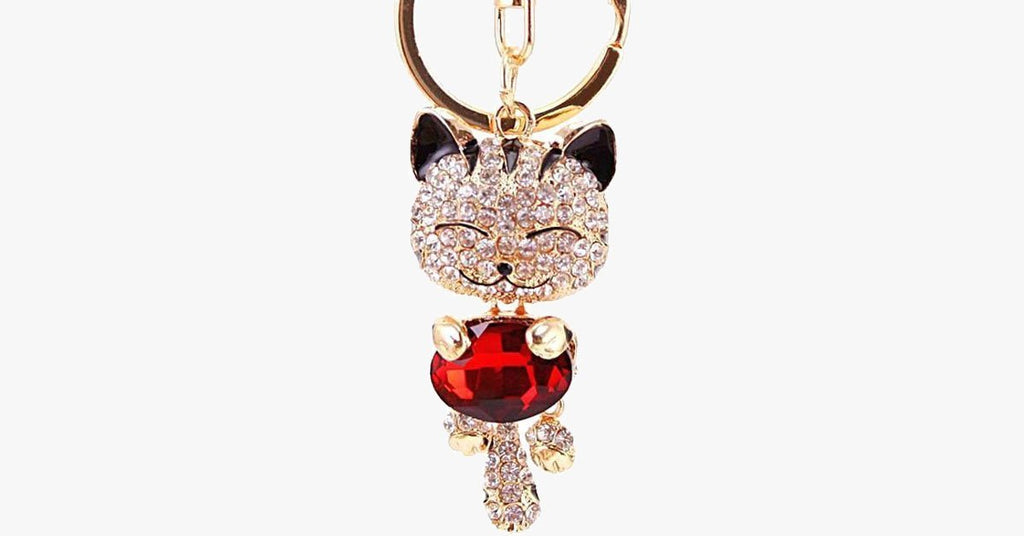 Rhinestone Cat Keychain in 18K Gold Plating