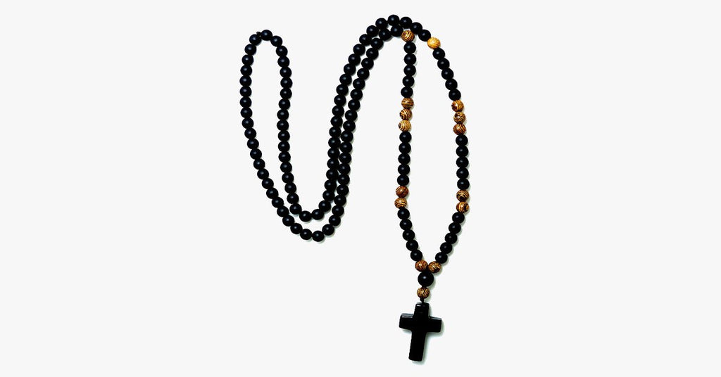Black Cross Stone Wood Bead Necklace - FREE SHIP DEALS
