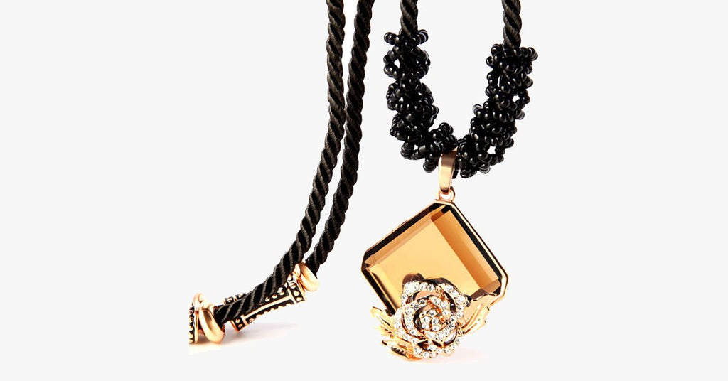 Rose Crystal Black Rope Necklace