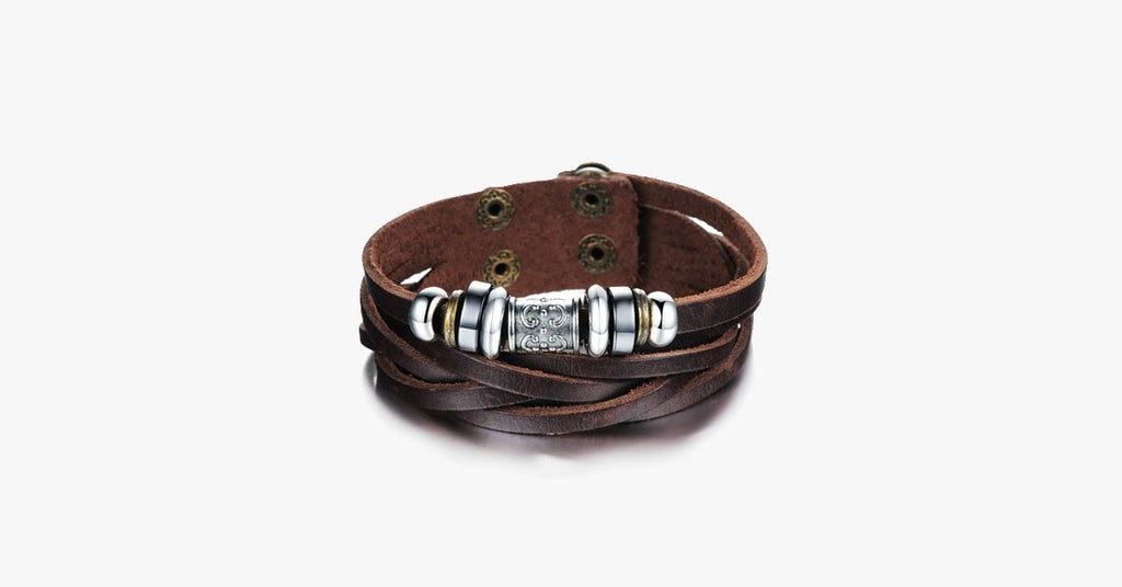 Genuine Leather Heavy Charm Men's Stainless Steel Bracelet