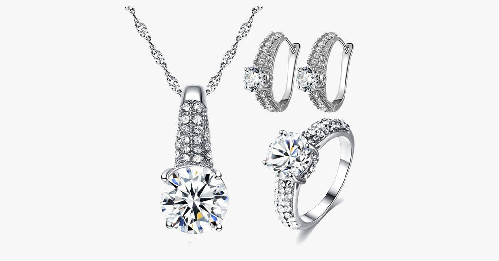 Cubic Zirconia Necklace Set With Earrings And Ring - FREE SHIP DEALS