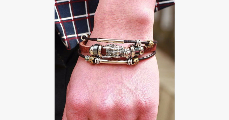 Tibetan Dragon Silver Unisex Leather Bracelet