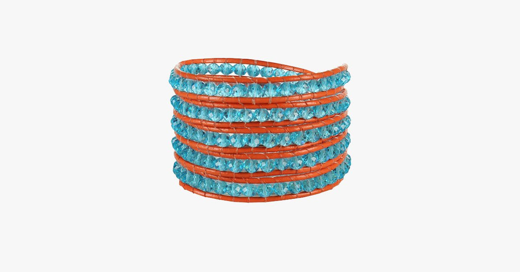 Crystal Blue Beads on Red Leather Wrap Bracelet - FREE SHIP DEALS