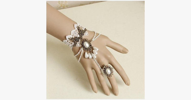 White Pearl Ring-to-Wrist Bracelet - FREE SHIP DEALS