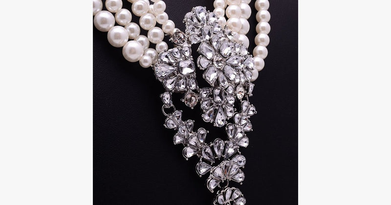 Royal Rhinestone Pearl Beads Long Necklace