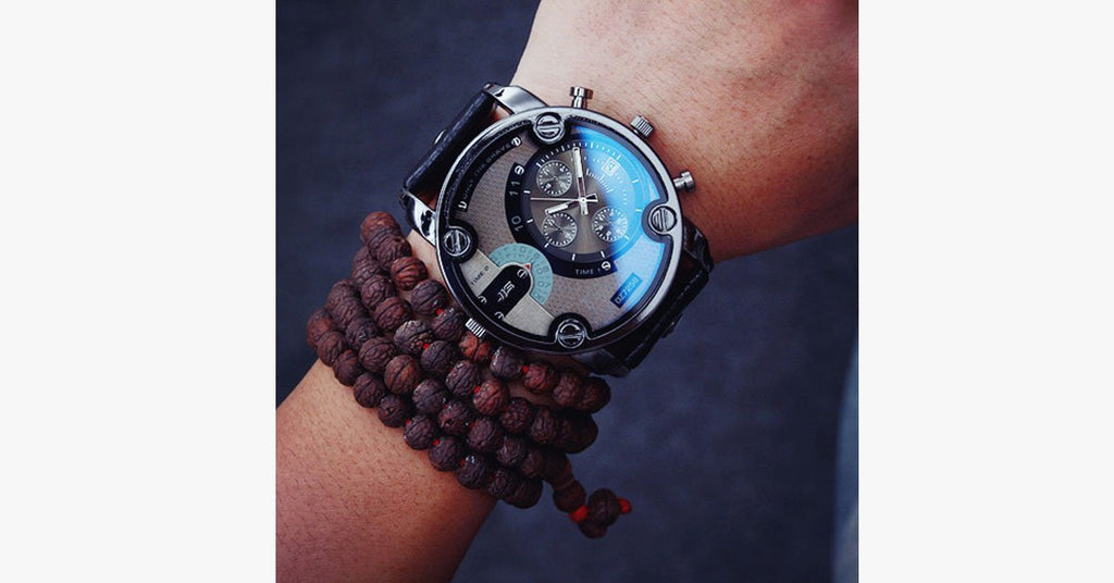 Men's Leather Band Steel Shell Watch